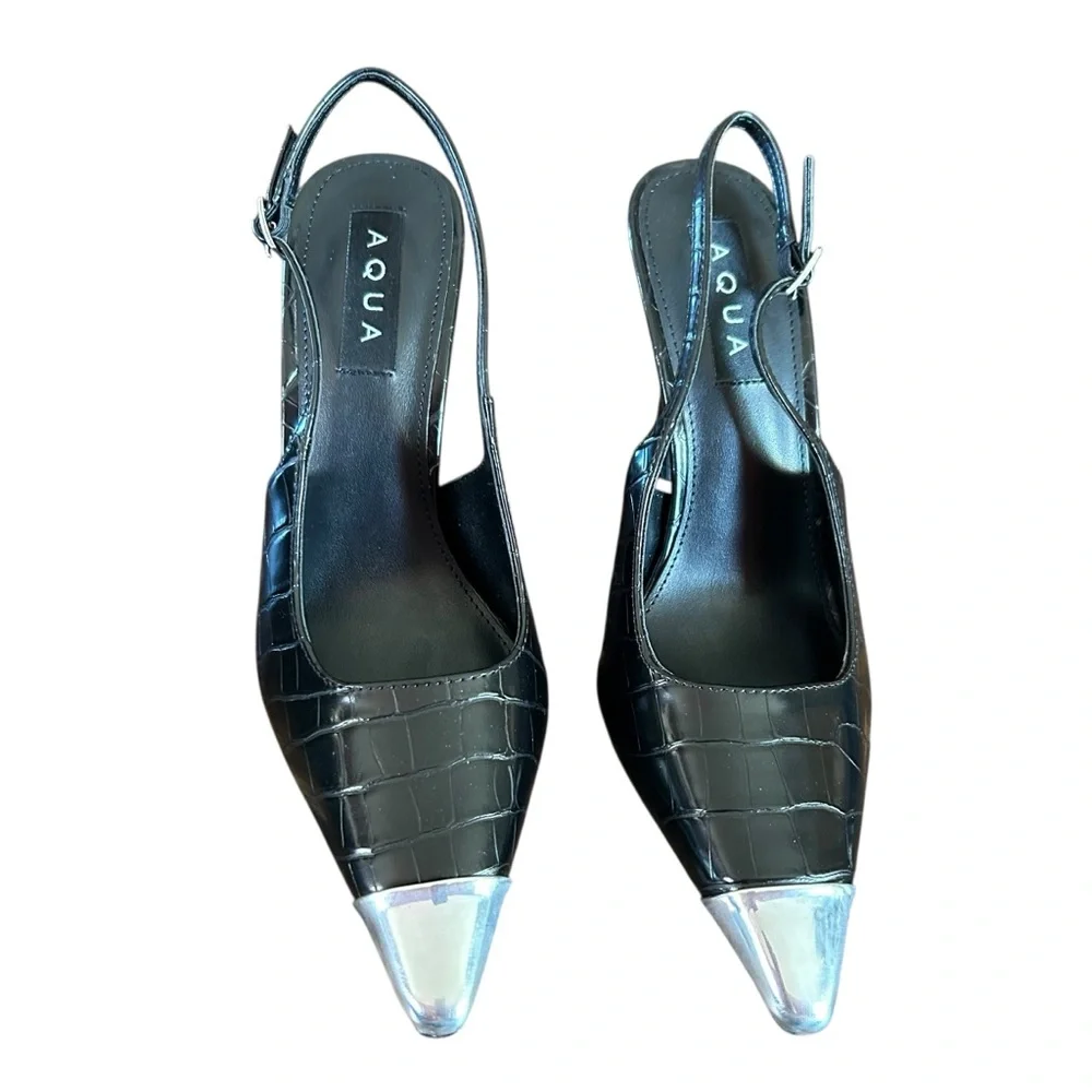 AQUA Bevv Leather Croc Embossed Slingback Pointed Toe Pumps in Black NEW 8